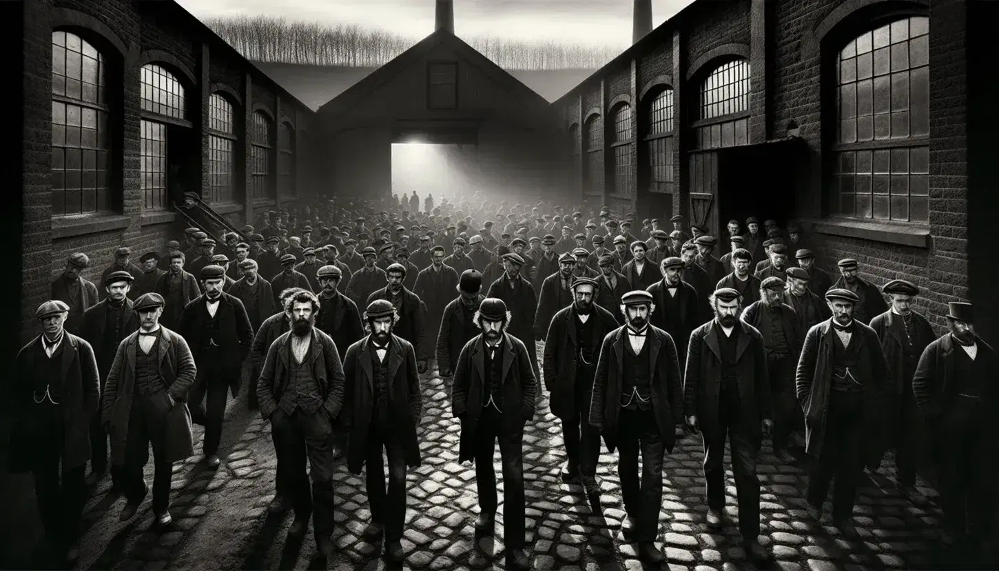Operai del XIX secolo escono da fabbrica industriale, vestiti in abiti da lavoro d'epoca, con cappelli, in un ambiente urbano con edificio in mattoni e camino fumante.