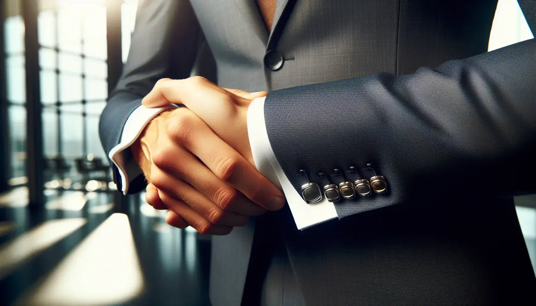 Two hands in a firm handshake, one with a dark blue suit and silver cufflink, the other in light grey with a gold cufflink, against a blurred office backdrop.