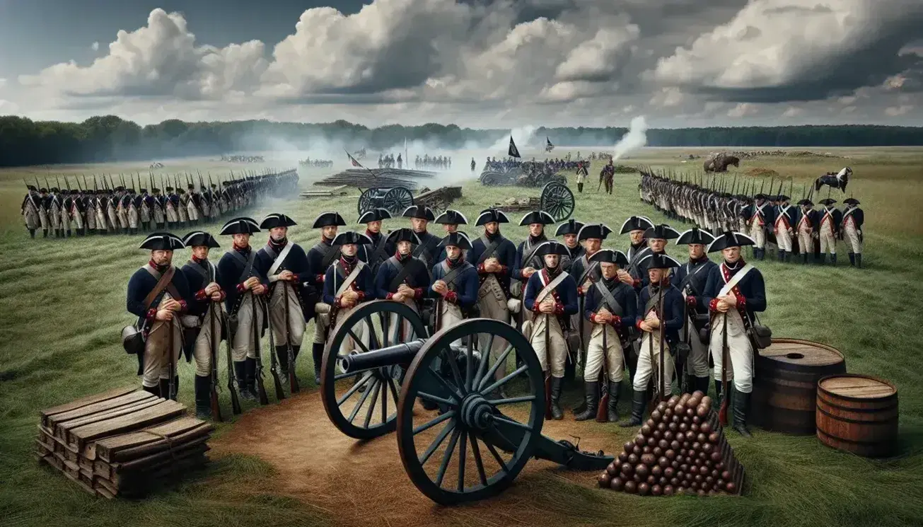 Rievocazione storica di soldati in uniformi militari d'epoca con giacche blu, pantaloni bianchi e tricorni neri, accanto a un cannone antico.