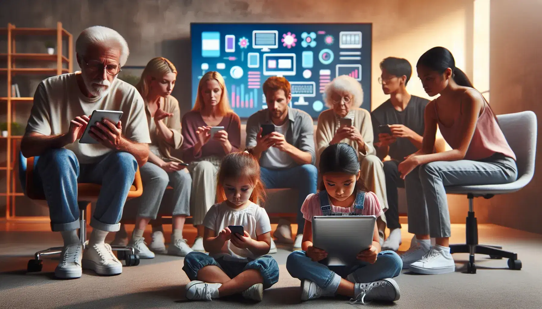 Grupo diverso de personas de diferentes edades y etnias utilizando dispositivos electrónicos en un ambiente cálido y conectado.