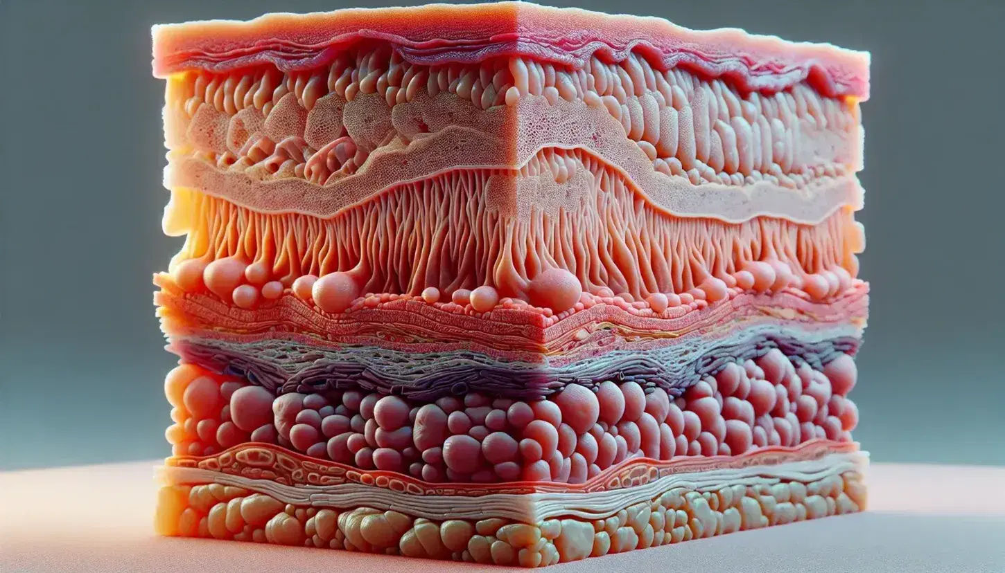 Struttura della pelle umana con epidermide, derma fibroso e tessuto sottocutaneo adiposo, senza testo visibile.