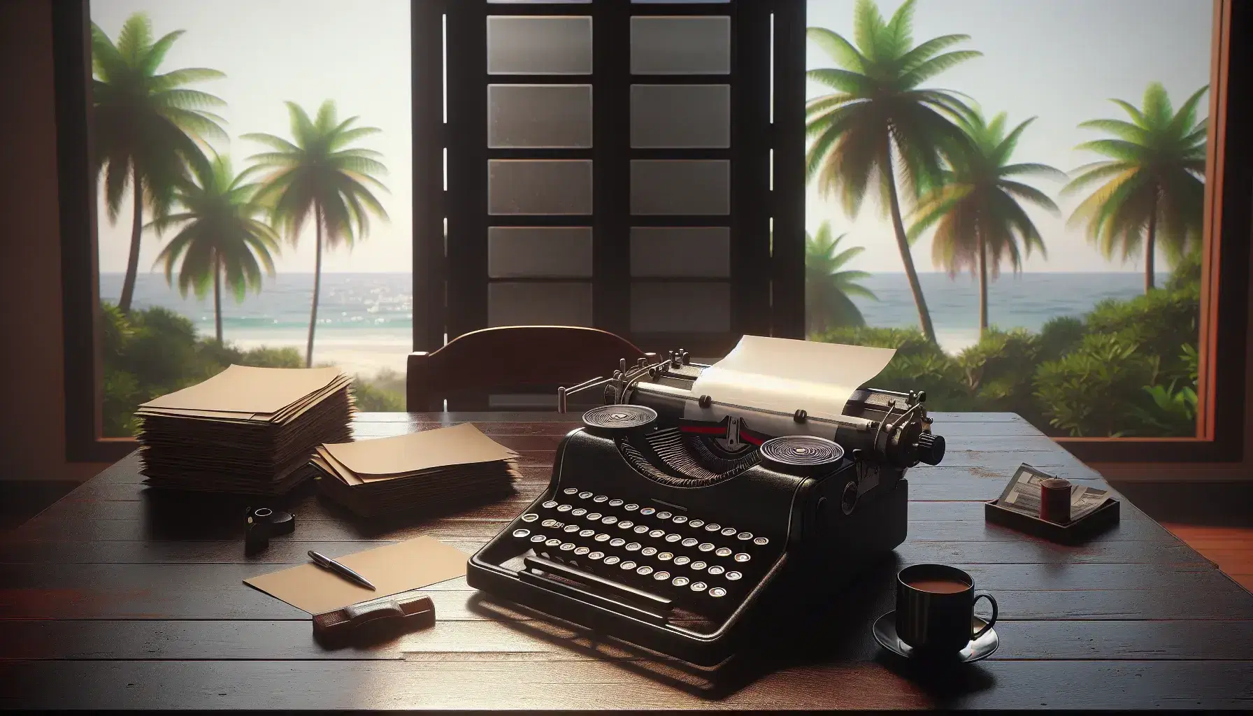 Máquina de escribir antigua con teclas redondas sobre mesa de madera oscura, junto a pila de hojas y taza de café, frente a ventana con vista a palmeras tropicales.