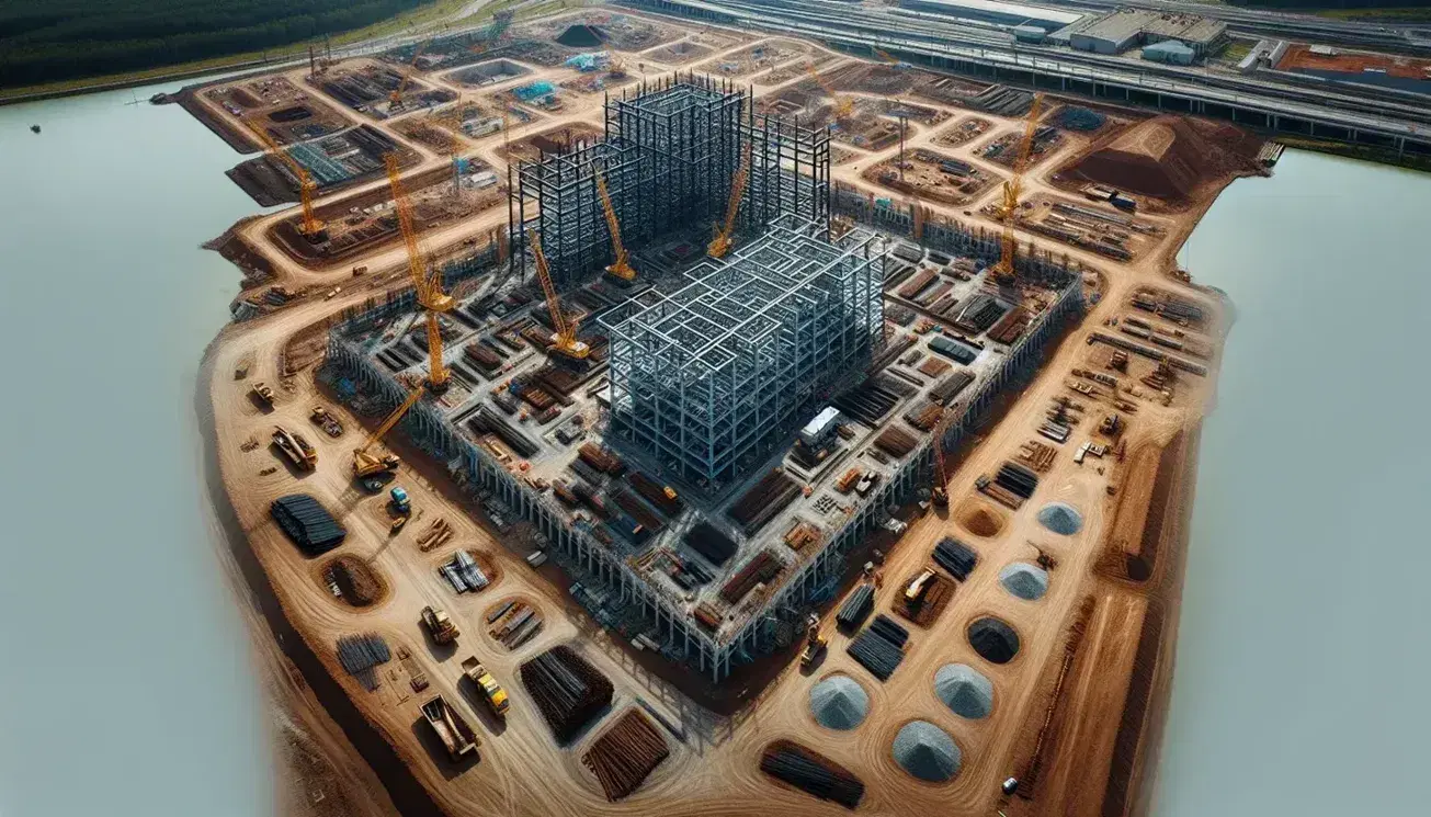 Vista aérea de complejo industrial en construcción con estructuras de acero, maquinaria pesada y materiales de obra, bajo un cielo azul despejado.