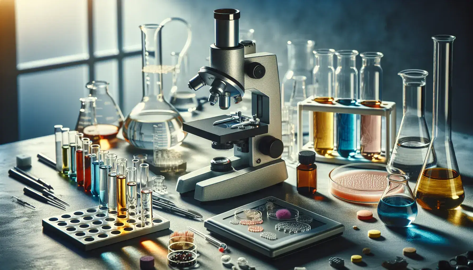 Laboratorio de farmacología con microscopio, tubos de ensayo con líquidos coloridos, matraz Erlenmeyer, balanza digital y cultivo en placa Petri.
