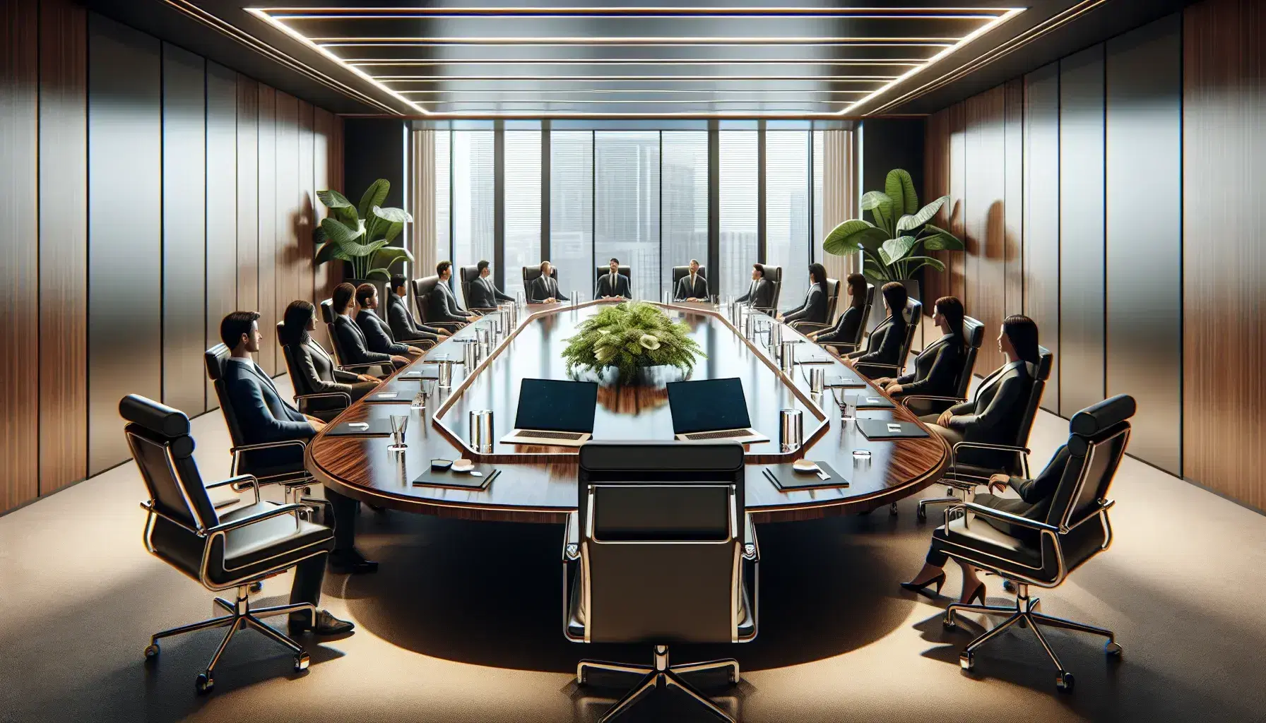Modern boardroom with oval wooden table, high-back chairs, laptops, water bottles, and a potted plant, well-lit with natural and artificial light, city view.