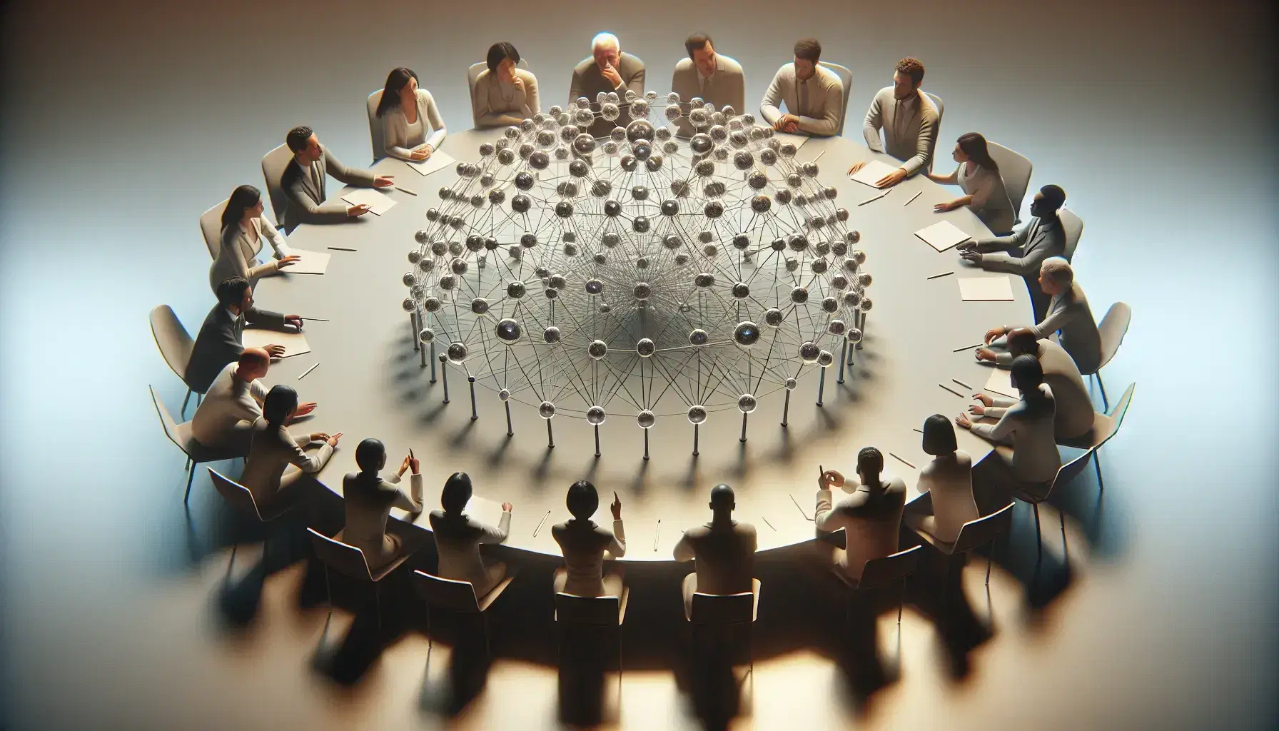 Grupo multicultural analizando modelo 3D de red compleja en mesa redonda, destacando la colaboración y el enfoque en la estructura sin dispositivos visibles.
