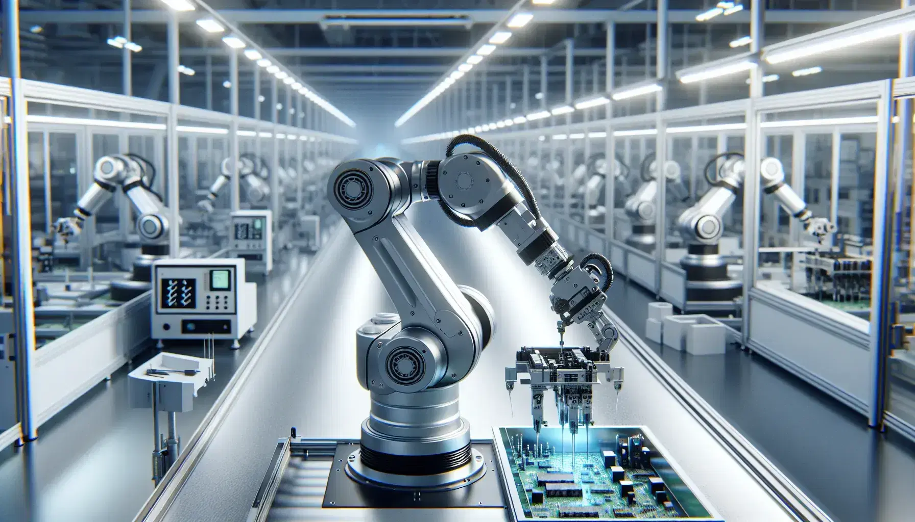 Modern robotic arm assembles components on electronic board in automated factory with bright lighting and no human operator.