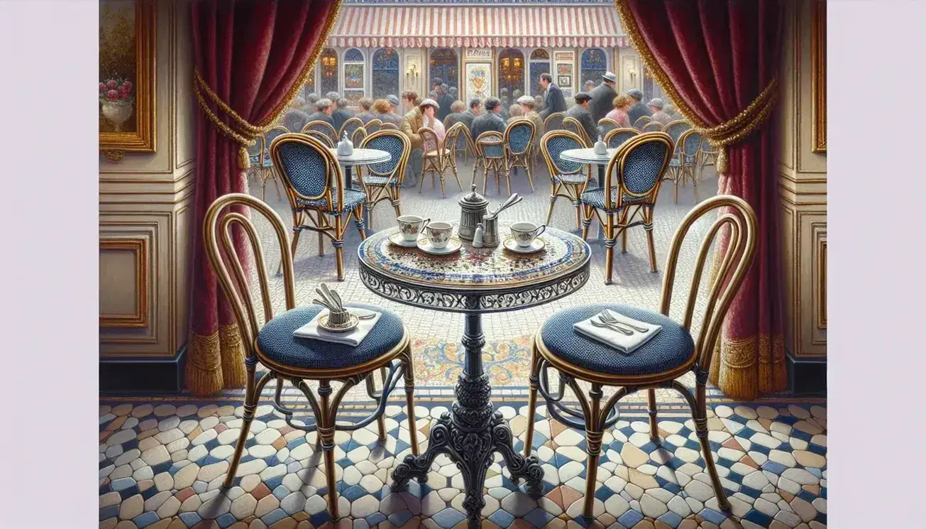 Traditional French café scene with a mosaic-topped bistro table set for two, wrought iron chairs with striped cushions, and a warmly lit, art-adorned interior.