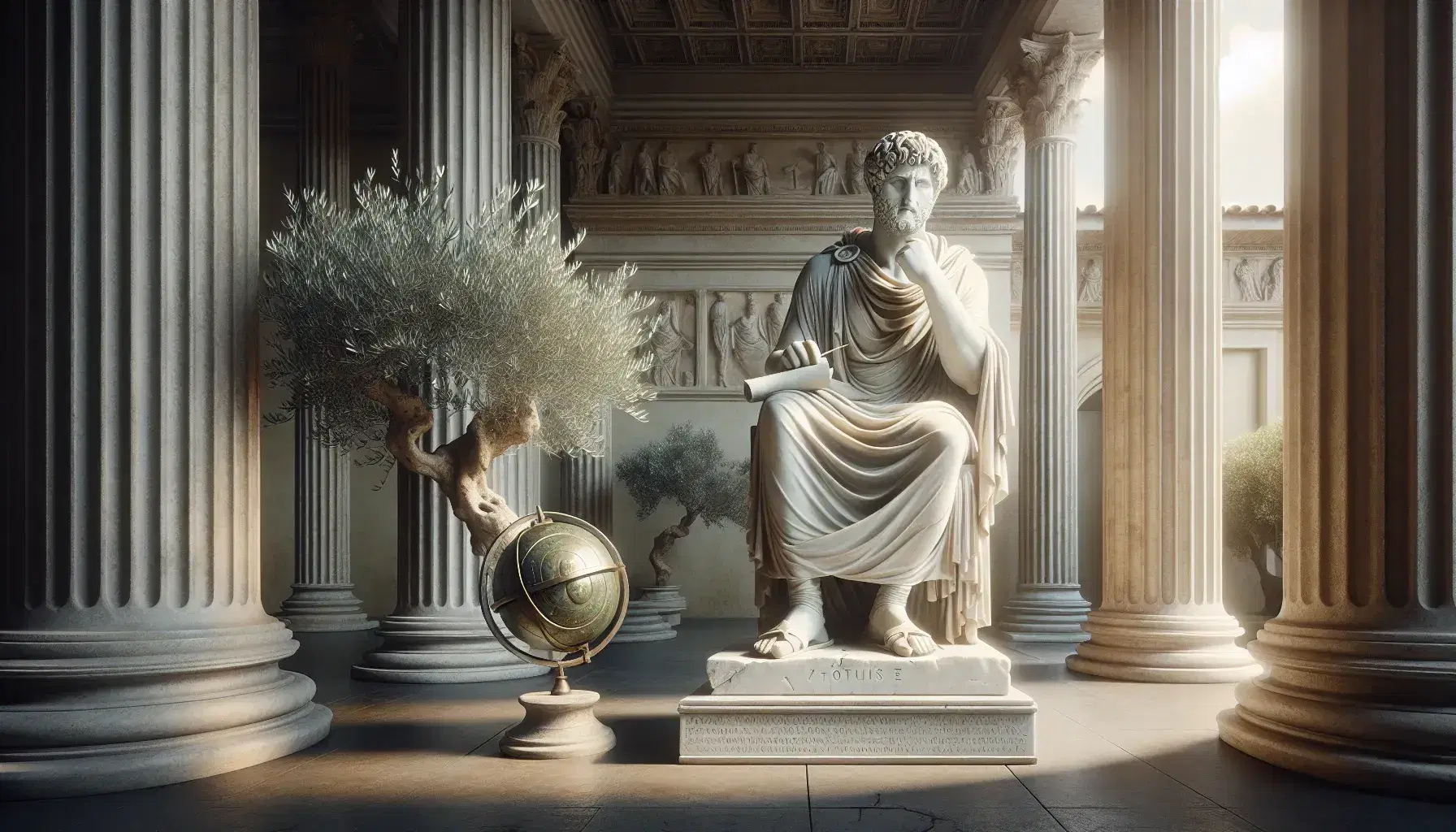 Statua marmorea di filosofo stoico seduto con toga e papiro su sfondo di portico dorico e ulivo, accanto a sfera armillare bronzea.