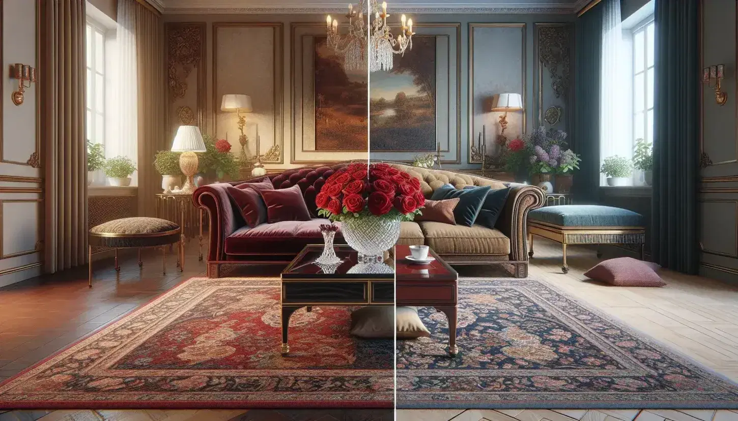 Contrast between luxurious living room with burgundy velvet sofa, Persian carpet and elegant chandelier, and modest living room with beige sofa and used carpet.