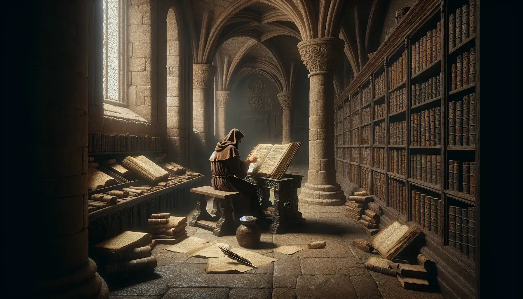 Monje en hábito marrón escribiendo en un libro antiguo sobre atril de madera, rodeado de estantes con libros y pergaminos en un monasterio medieval iluminado por ventana con arco de piedra.