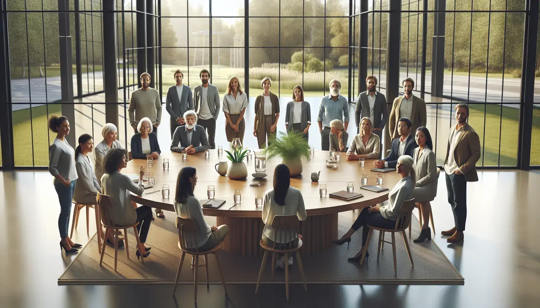 Grupo diverso de personas en reunión alrededor de una mesa redonda con planta y jarra de agua, en un espacio iluminado con vistas a un paisaje verde.