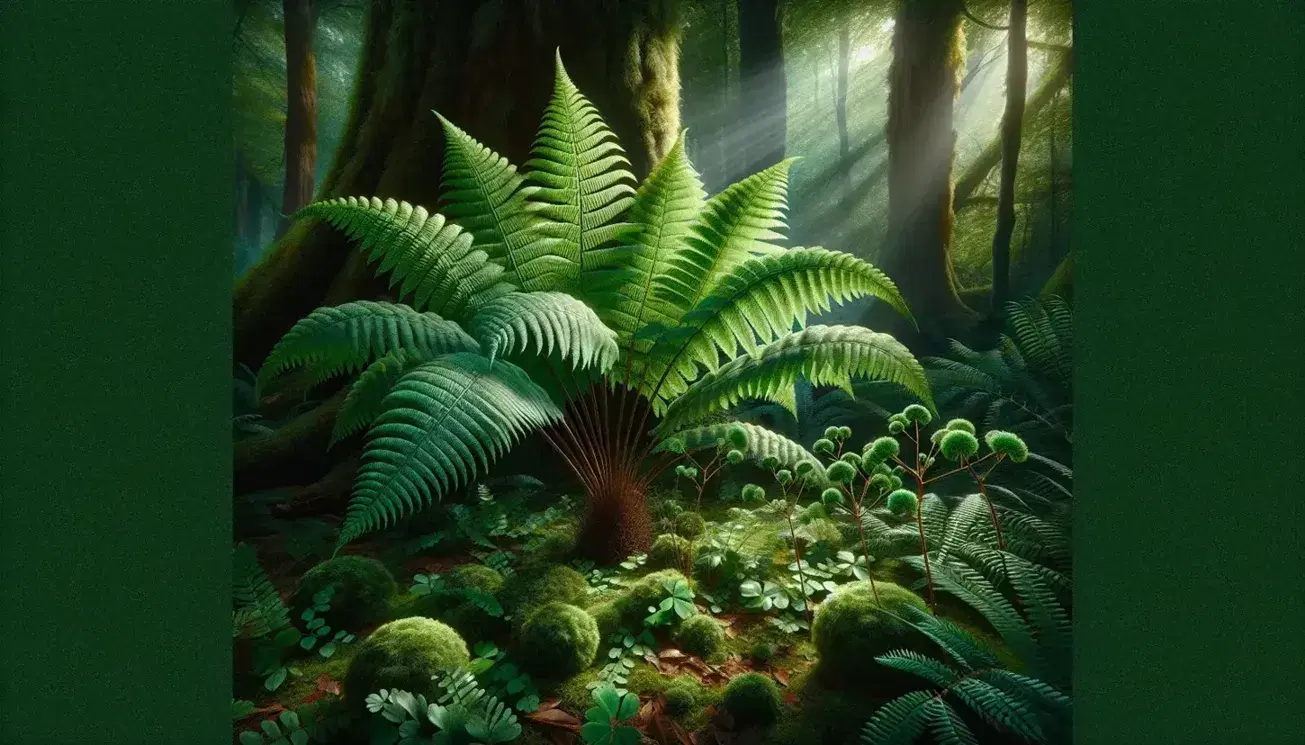 Lush forest floor with a radiant green fern, club mosses, and a tree fern trunk, all bathed in dappled sunlight filtering through the canopy.