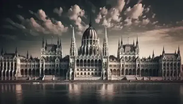Parlamento di Budapest in stile neogotico sulle rive del Danubio, con cupola centrale e tetti rossi, riflesso nelle acque calme.