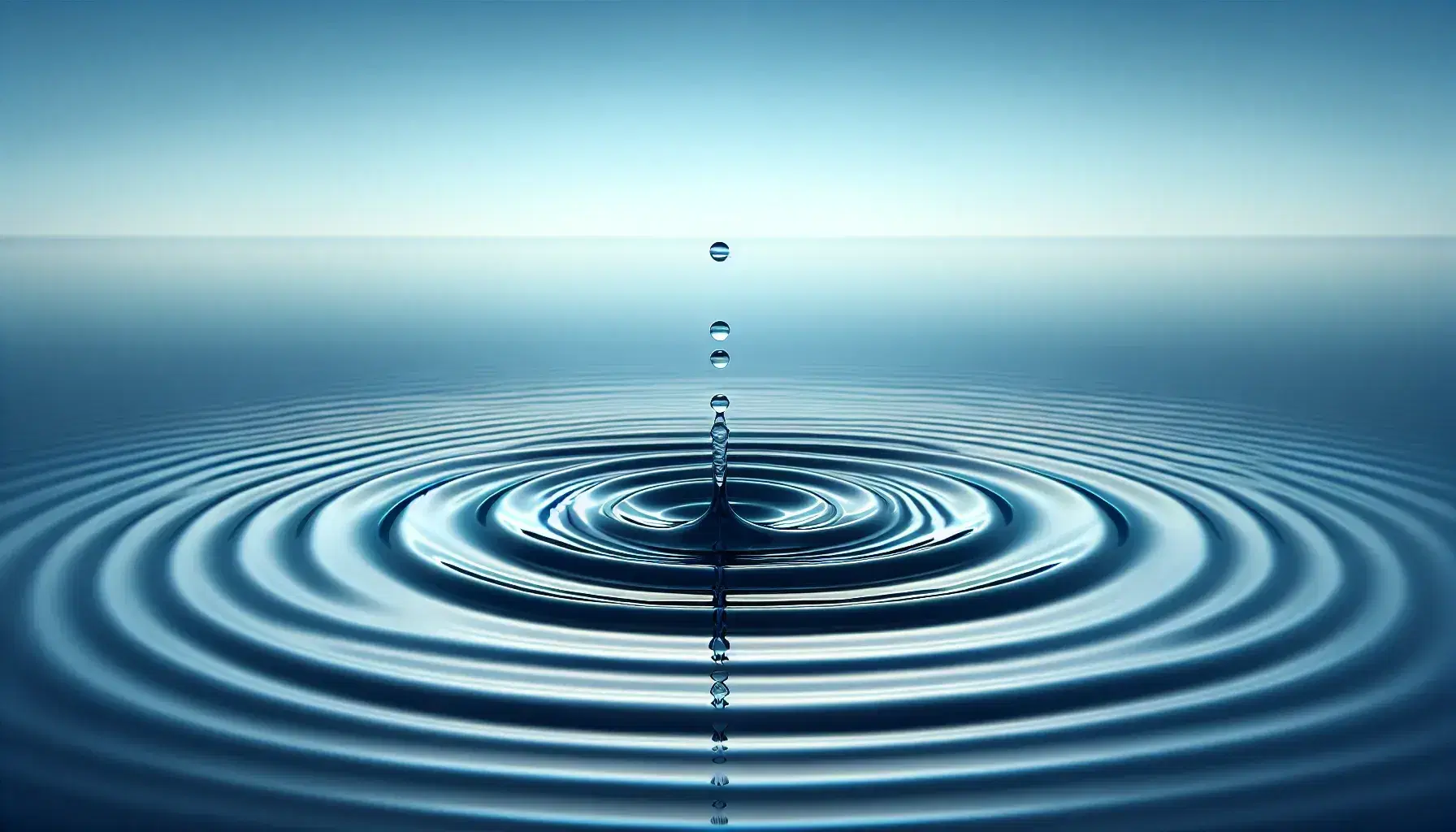 Ripples expand from a water droplet impacting a calm pond, reflecting a gradient blue sky in a serene, symmetrical pattern.