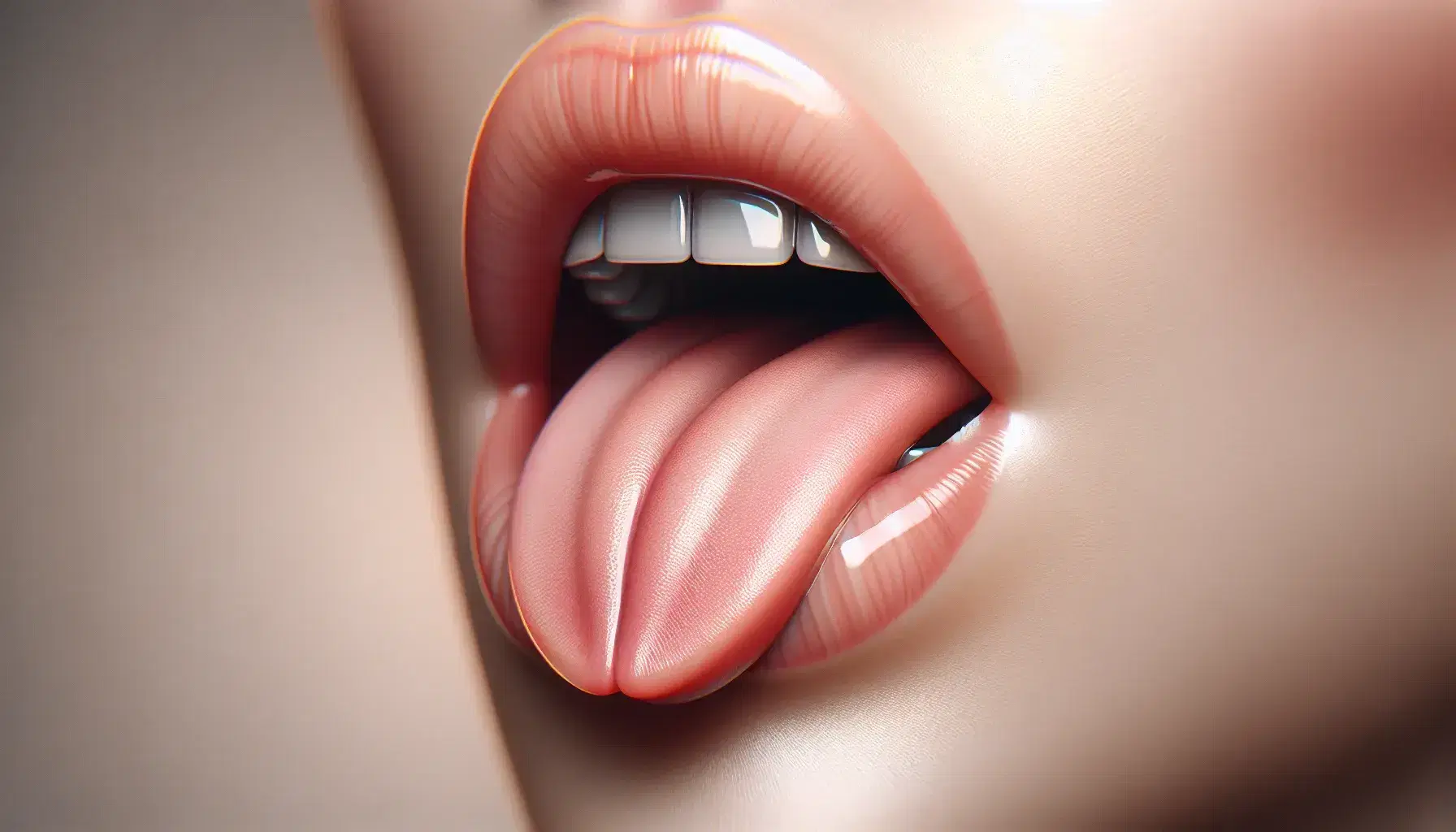 Human mouth with tongue raised towards upper palate during vowel articulation, showcasing teeth and lips with a focus on Spanish phonetics.