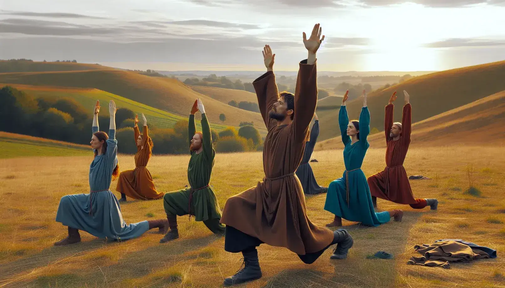 Grupo de personas en atuendos históricos realizando ejercicios al aire libre en un paisaje de colinas verdes bajo un cielo azul.