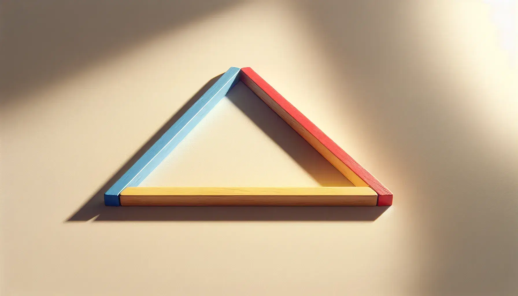 Tre bastoncini di legno colorati formano un triangolo aperto su superficie chiara, con ombre morbide e senza distrazioni visive.