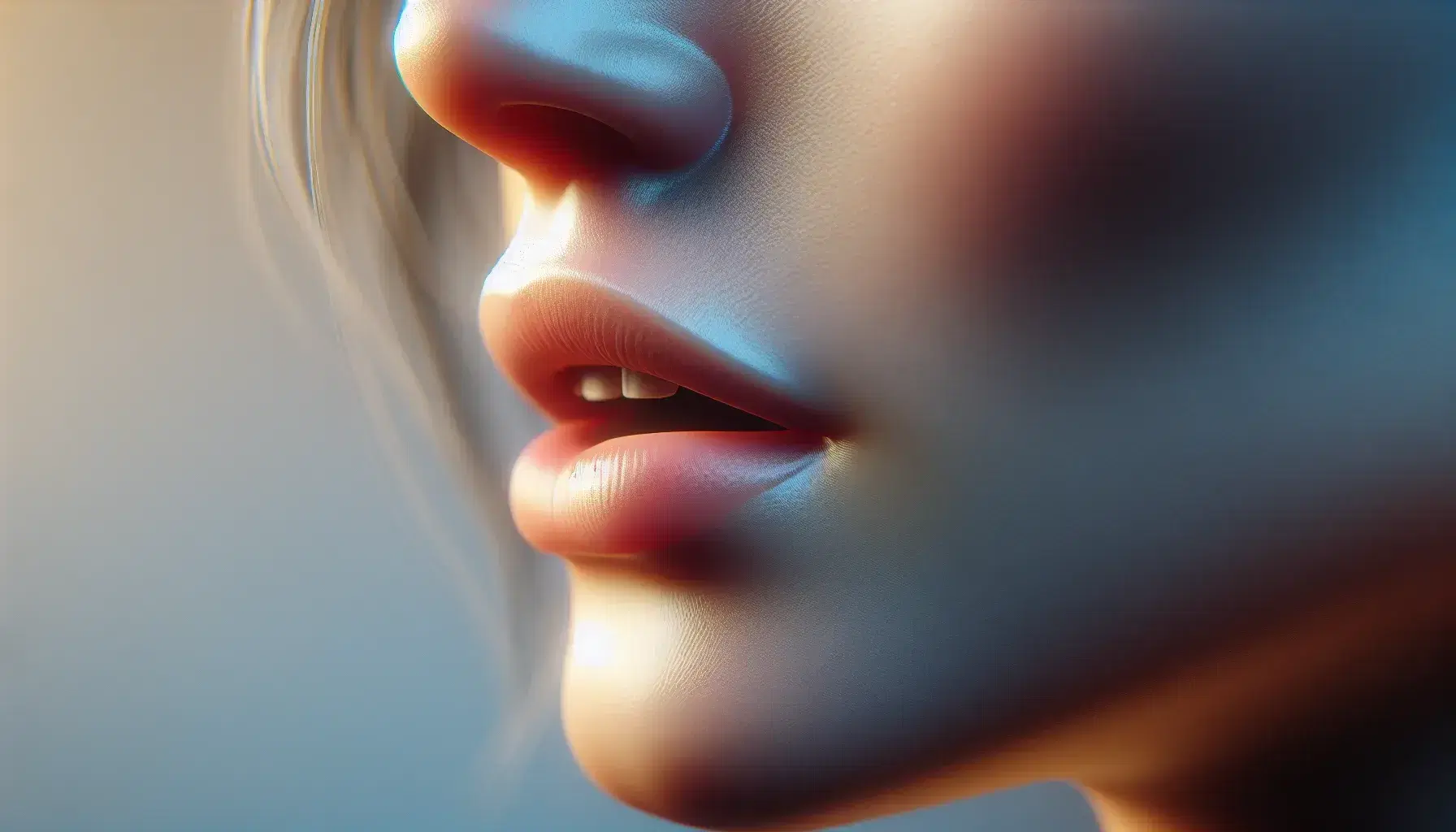 Close-up view of a person speaking, with focus on the mouth and chin against a soft blue to yellow gradient background.