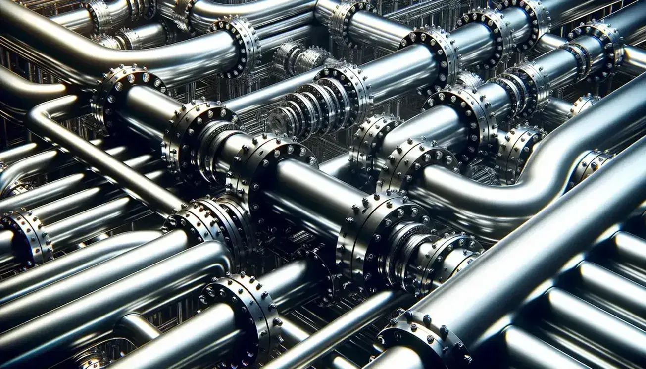 Complex network of intertwined metal pipes with bolted flanges, light reflections on curved surfaces in the foreground and blurred background.