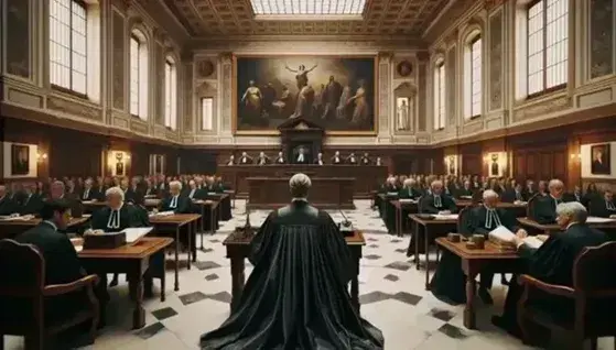 Aula di tribunale italiana con giudice in toga, avvocati ai banchi, sedie per il pubblico, pareti decorate e lampadario cristallo.