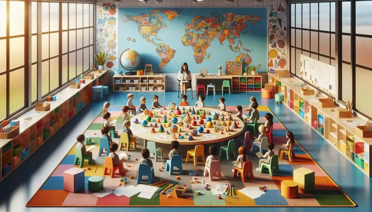 Aula colorata con bambini intenti a giocare con blocchi educativi su un tavolo, insegnante con tablet, pareti decorate e tappeto con mappa.