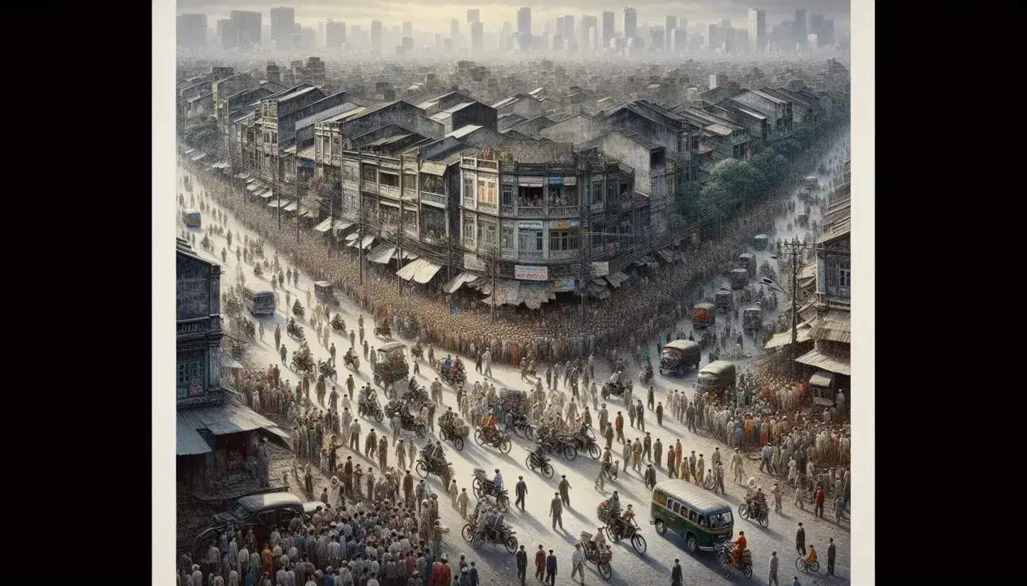 Chaotic urban evacuation scene with crowded street, people carrying belongings, mixed vehicles, damaged buildings, and hovering helicopter.