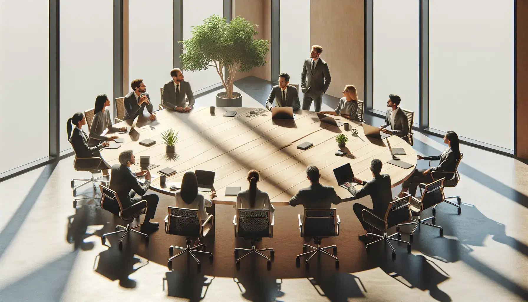 Diverse group of professionals engaged in a meeting around an oval wooden table in a bright room with large windows and a potted plant.