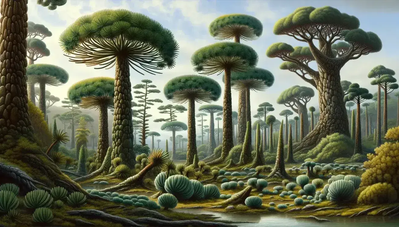 Devonian landscape with Rhynia plants, towering Lepidodendron trees, fern-like foliage by a reflective water body under a clear blue sky.