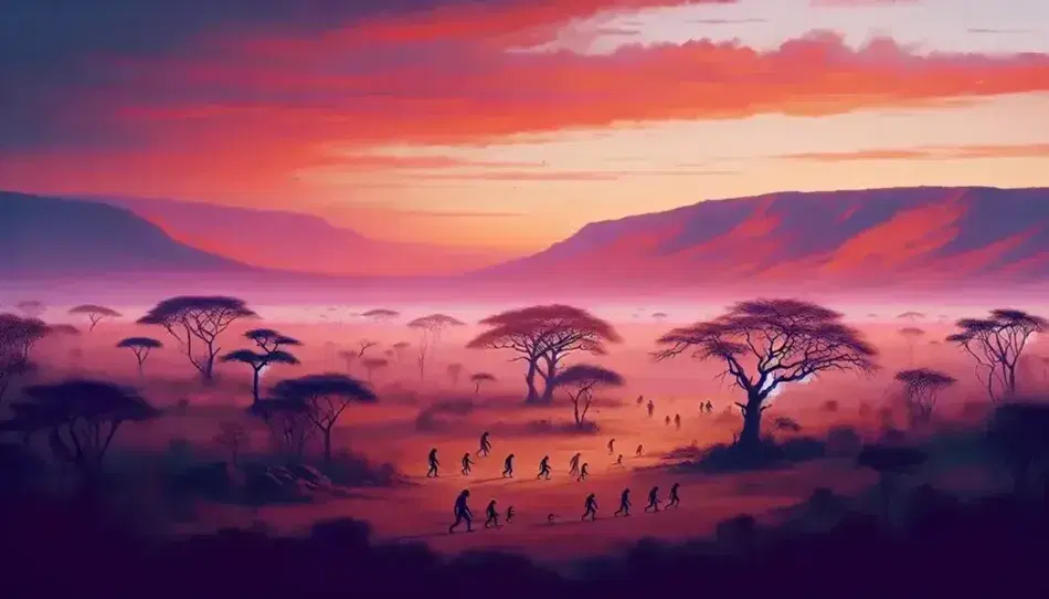 Tramonto nella Rift Valley africana con silhouette di alberi della savana e ombre di Australopithecus in lontananza.