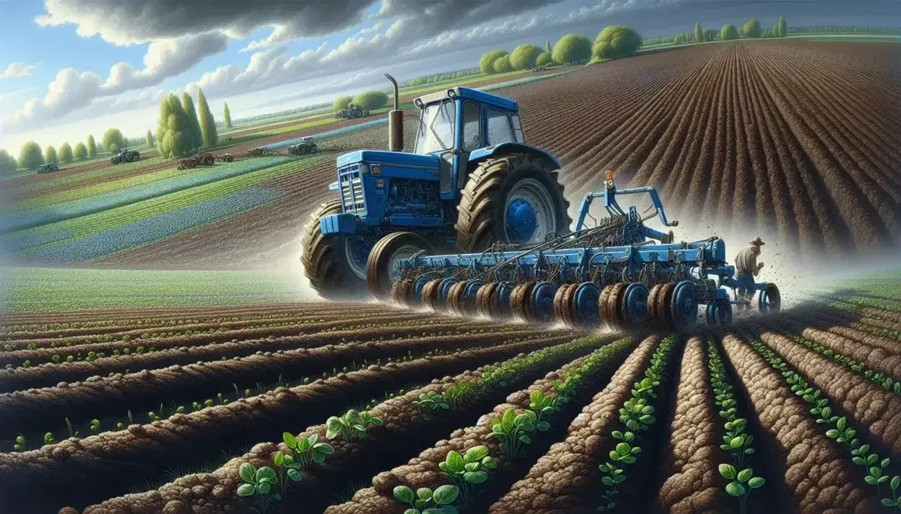 Trattore blu lavora terreno umido con aratro in campo agricolo, con piante giovani e mature e uccelli in lontananza sotto cielo sereno.