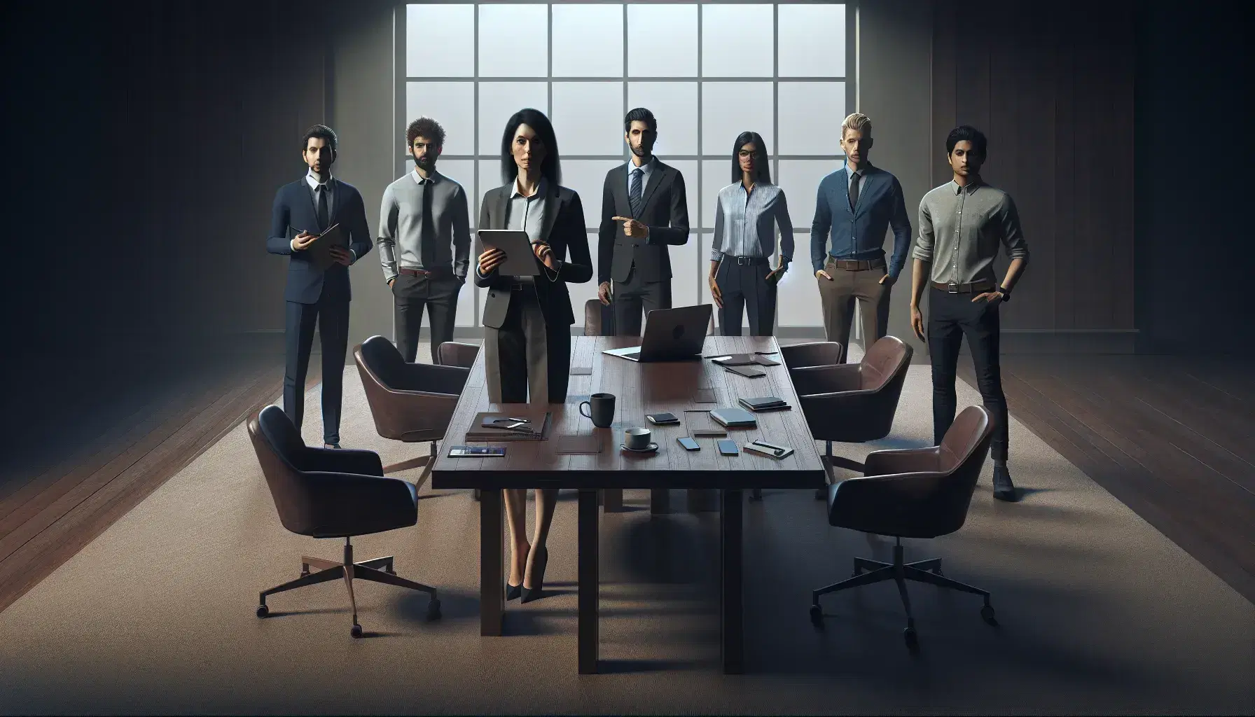 Grupo diverso de profesionales en reunión de trabajo con mujer sosteniendo tablet, hombre señalando algo fuera de cuadro y mesa de conferencia con objetos.