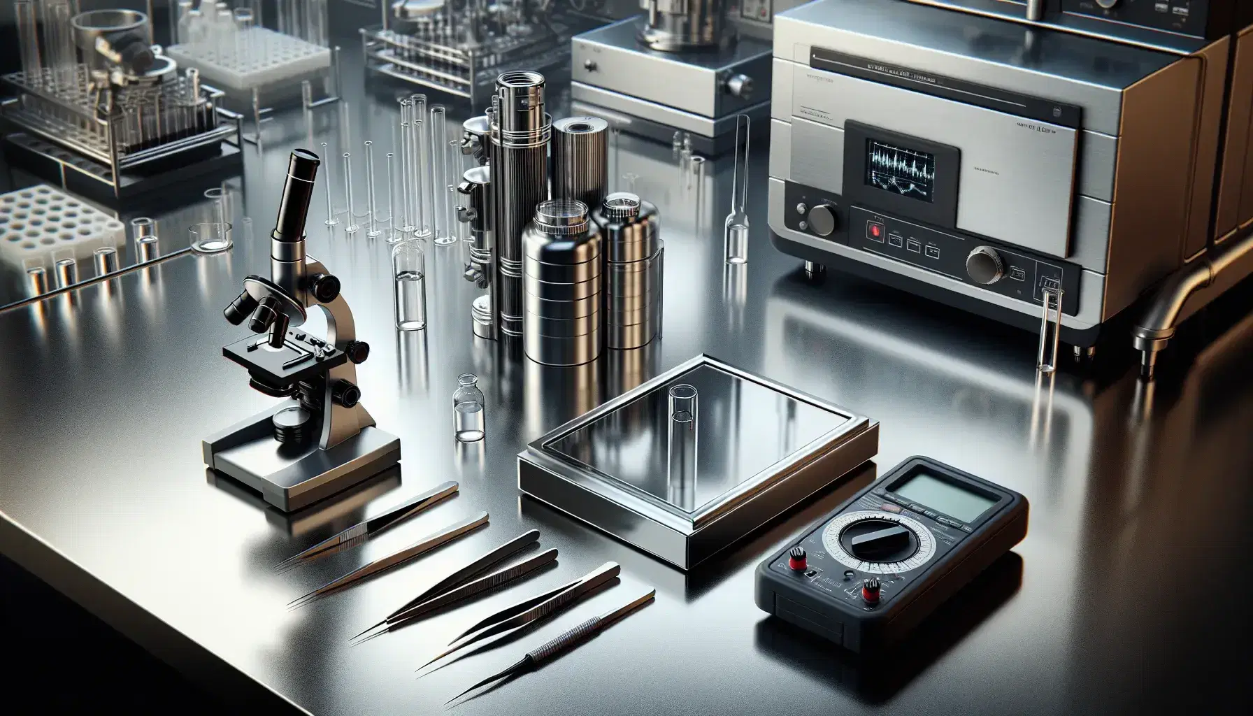 Well-organized laboratory with a microscope, tweezers, a vial, a cryogenic storage container, and a digital multimeter on a metallic table, with complex machinery in the background.