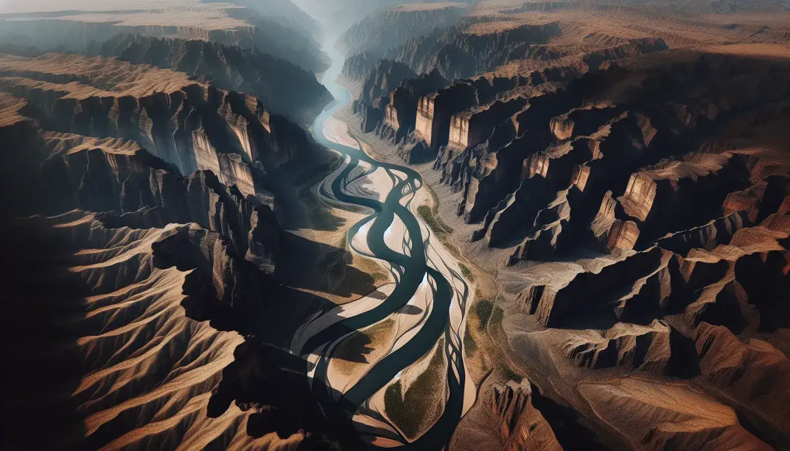 Canyon fluviale inciso con pareti rocciose ripide e fiume serpeggiante in basso, colori contrastanti e vegetazione sparsa.