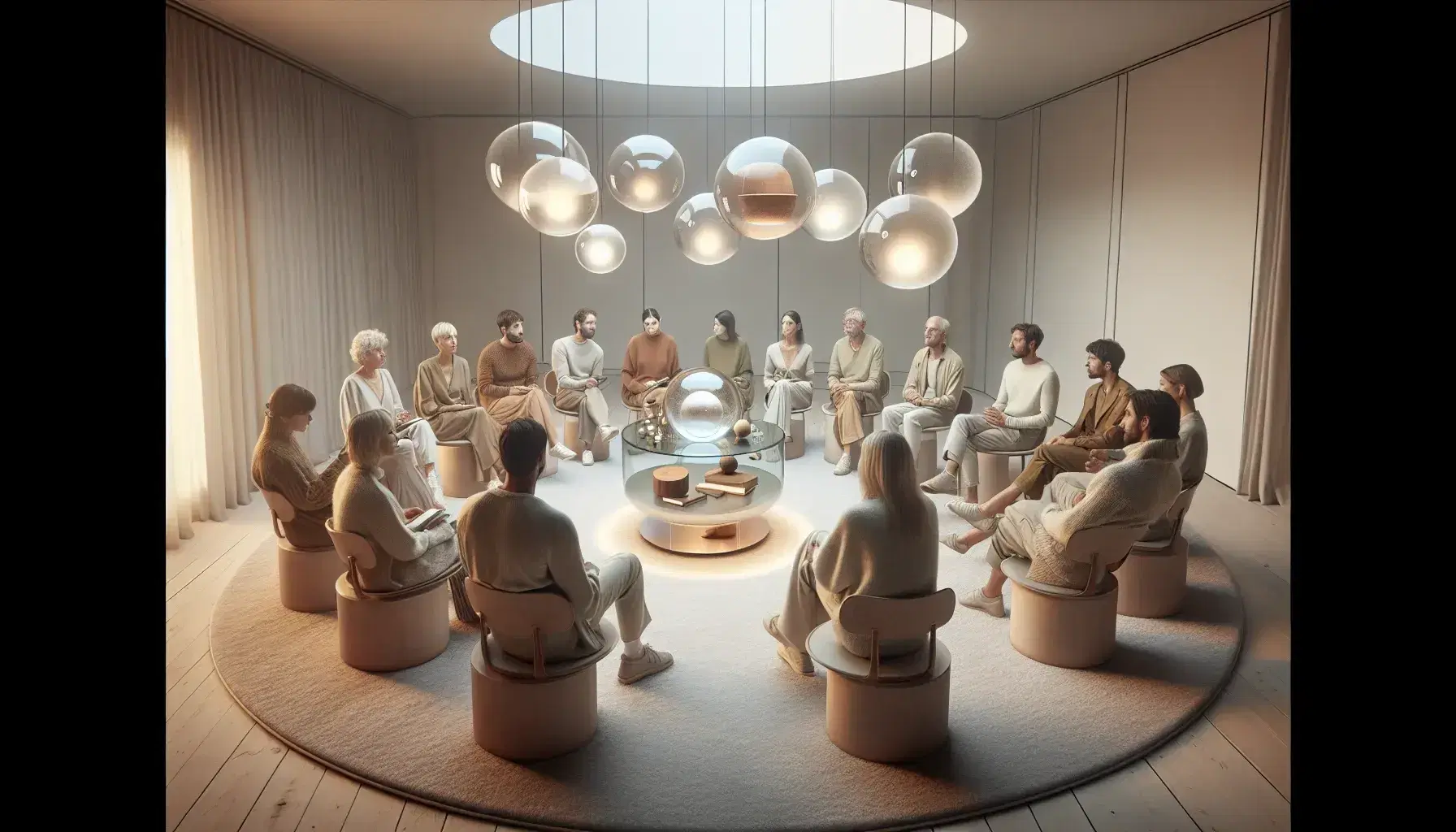 Gruppo multietnico in cerchio su sedie moderne discute attorno a tavolo di vetro con oggetti simbolici in ambiente minimalista e illuminato.