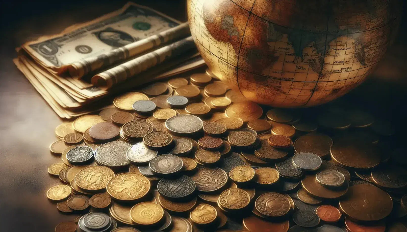 Monedas antiguas y modernas de oro, plata y cobre dispersas en superficie de madera con billetes enrollados y globo terráqueo antiguo al fondo.