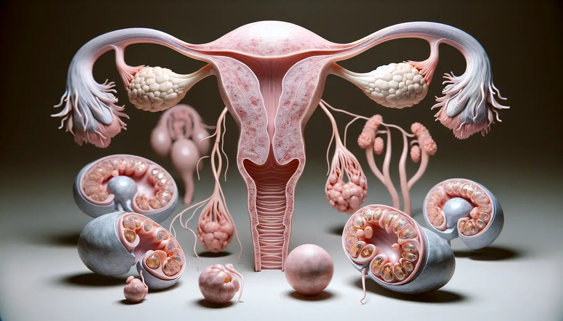 Modelo anatómico tridimensional de órganos reproductivos femeninos con útero, trompas de Falopio y ovarios mostrando folículos en distintas etapas.