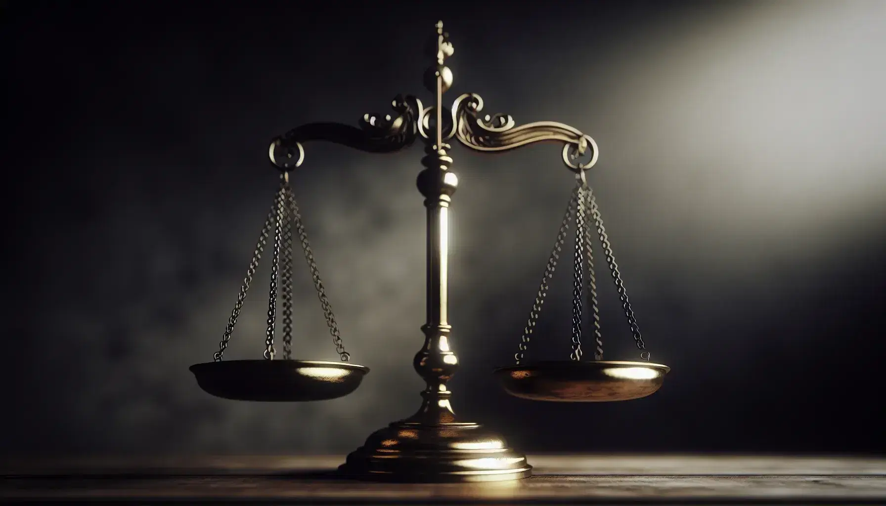 Balanza de justicia de dos platos equilibrada y vacía, en metal brillante sobre fondo neutro y desenfocado, simbolizando equidad y ley.