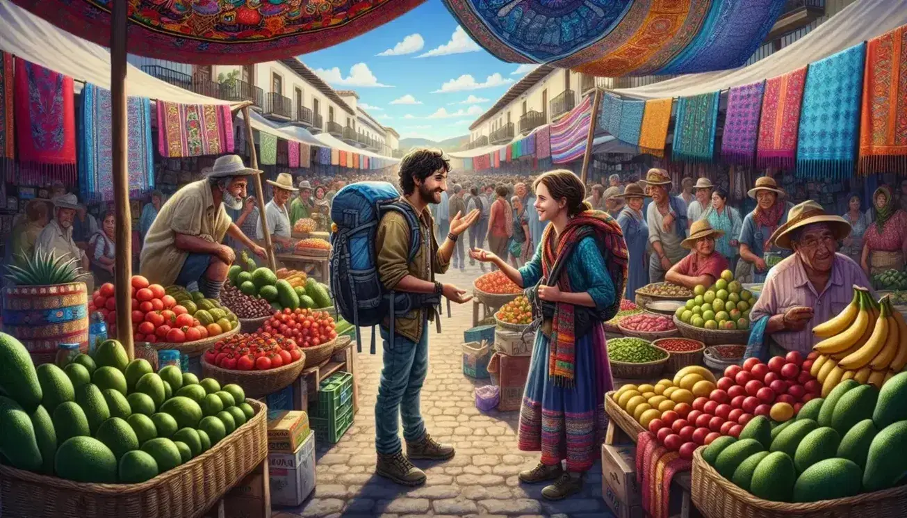 Traveler conversing with vendor at a vibrant outdoor market in a Spanish-speaking country, surrounded by colorful stalls of fresh produce and textiles.