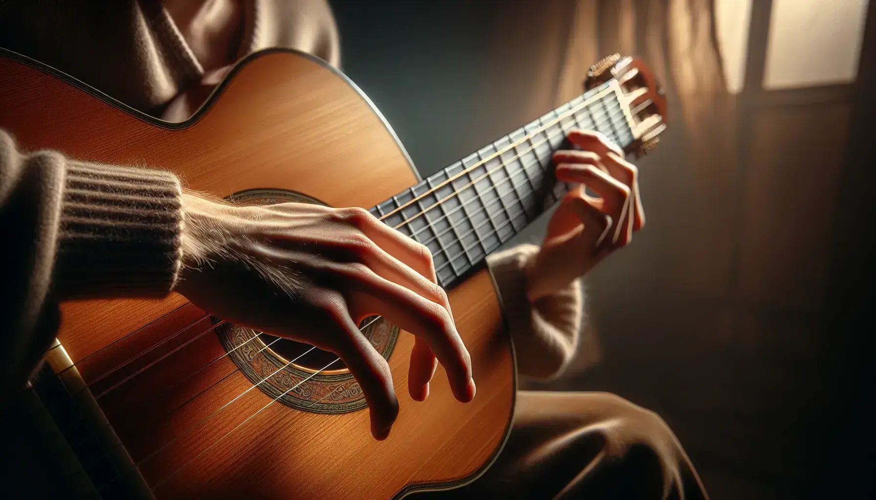 Close-up view of hands playing a classical guitar, with fingers on fretboard and strings, set against a softly blurred indoor background.