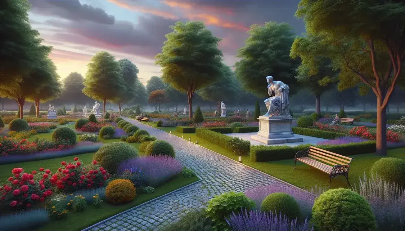 Serene park at dusk with cobblestone path, colorful flowers, marble statue of a thinker, seated visitors, and a sunset-painted sky.