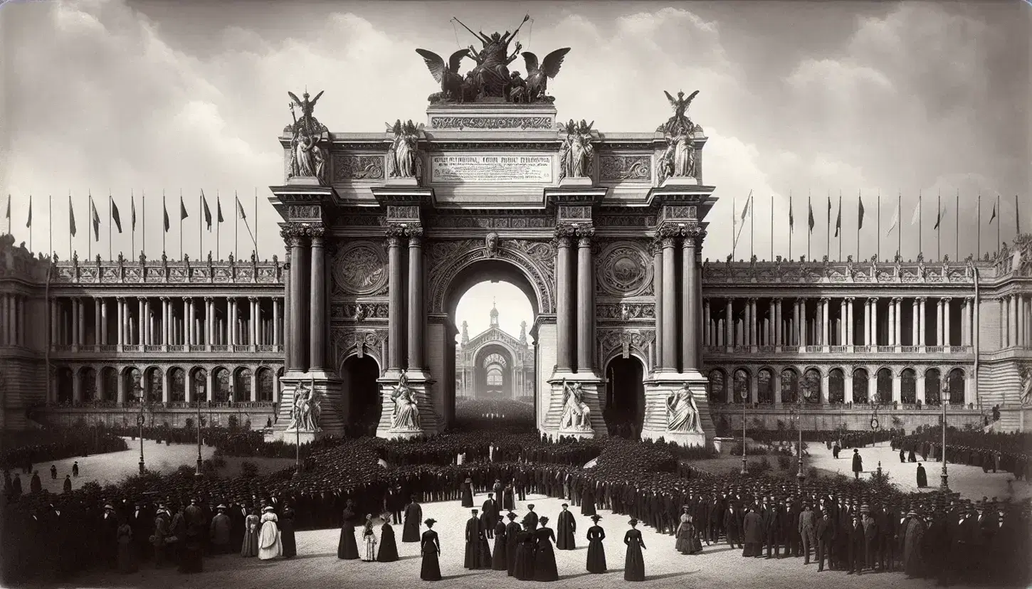 Ingresso Monumentale dell'Esposizione Universale di Parigi del 1900 con visitatori in abiti d'epoca e decorazioni in stile Art Nouveau.