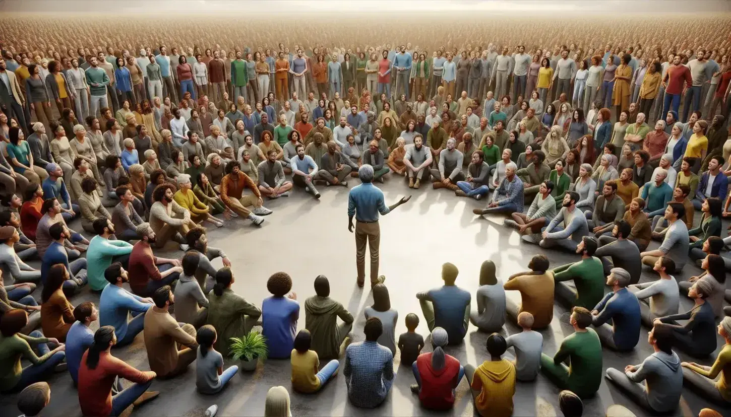 Reunión multicultural de personas atentas a un orador en un espacio abierto y luminoso, reflejando diversidad y comunicación comunitaria.