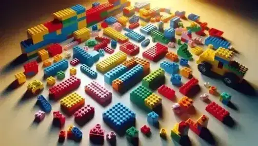 Bloques de construcción estilo Lego en colores vivos sobre superficie clara, algunos ensamblados y otros sueltos, sin personas.