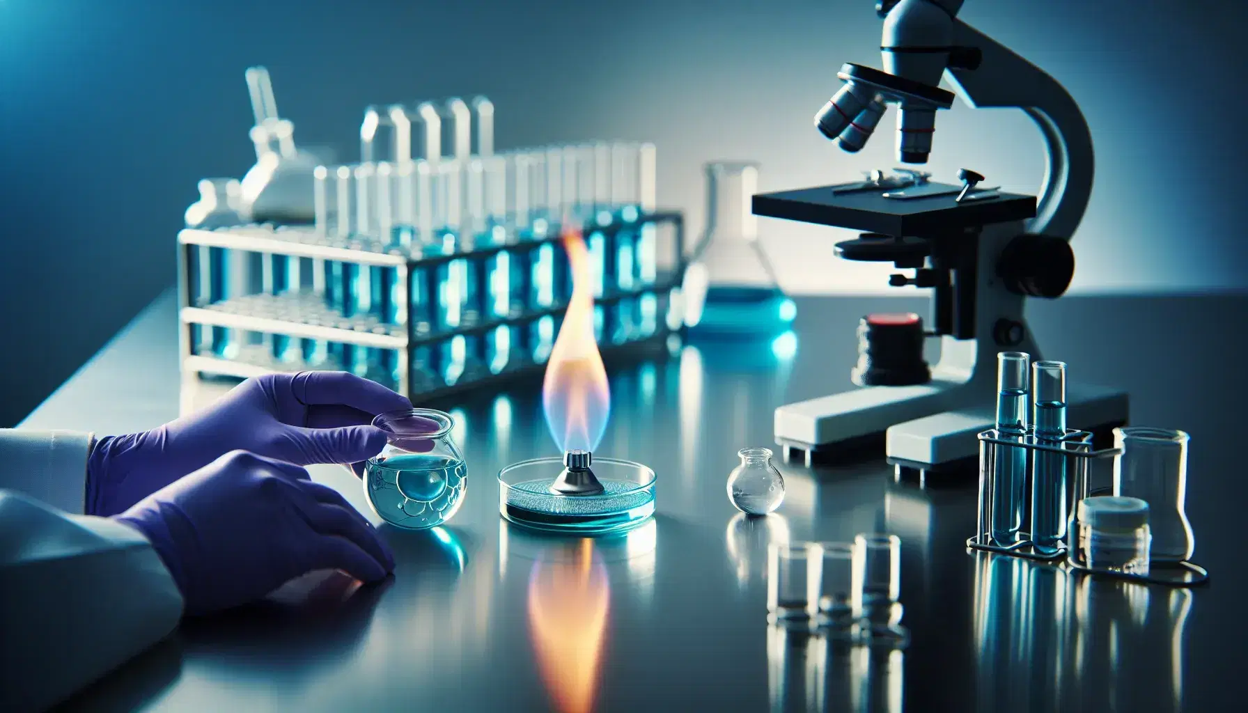 Sterile laboratory setup with a Bunsen burner, scientist's hands holding an agar-filled Petri dish, and a rack of test tubes with colorful caps.