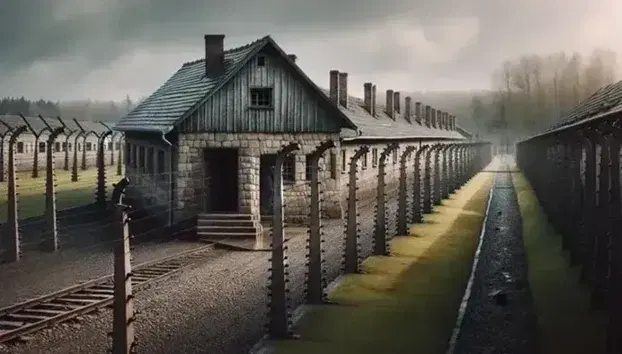 Resti di una baracca del campo di concentramento di Mauthausen-Gusen con porta aperta, filo spinato arrugginito e alberi spogli sullo sfondo.