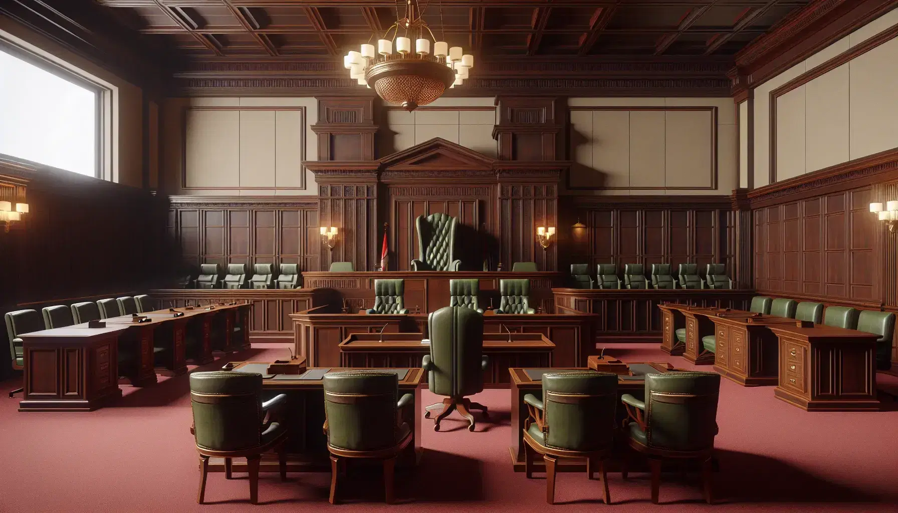 Aula di tribunale vuota con scrivania del giudice, banchi per avvocati, banco dei testimoni e panca della giuria, arredamento in legno e moquette bordeaux.