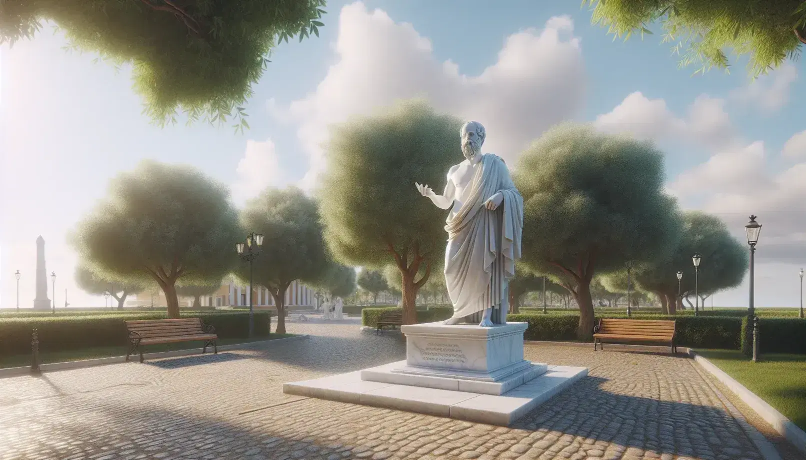 Estatua de mármol blanco de filósofo griego clásico en parque, con túnica y mano extendida, rodeada de árboles verdes y bancos de madera bajo cielo azul con nubes.