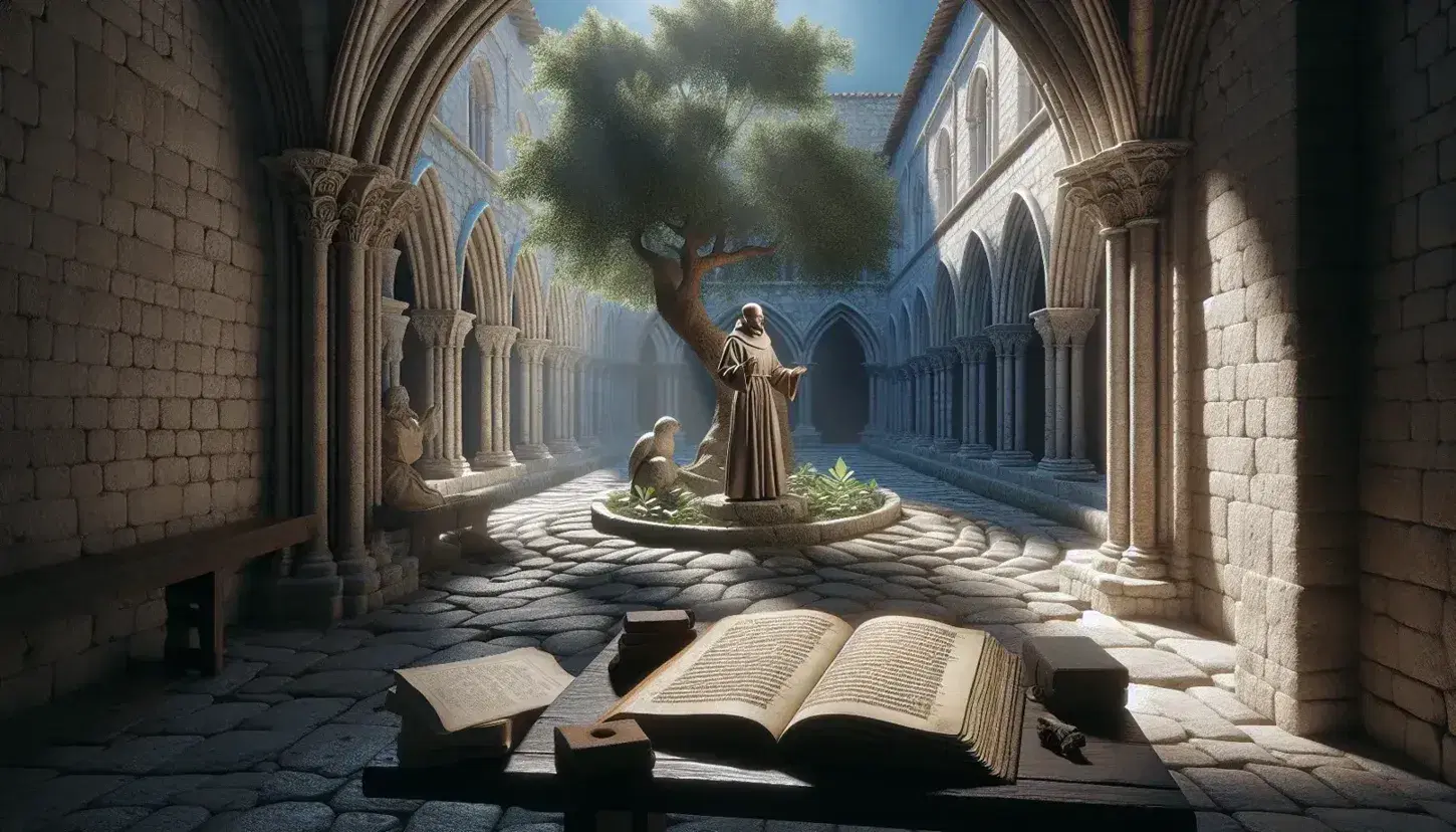 Chiostro medievale in pietra con arcate, albero centrale, statua di San Francesco, libro antico, fontana e colombe, lira medievale sul pavimento.