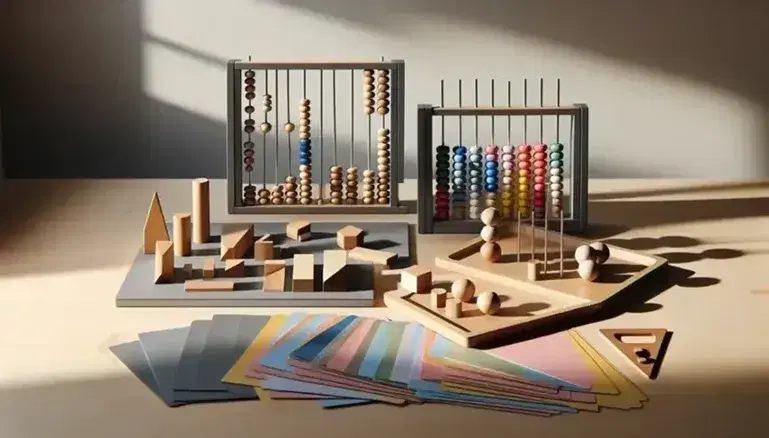 Mesa de madera clara con bloques geométricos, ábaco de cuentas de colores y balanza de dos platos, junto a tarjetas de cartulina pastel.